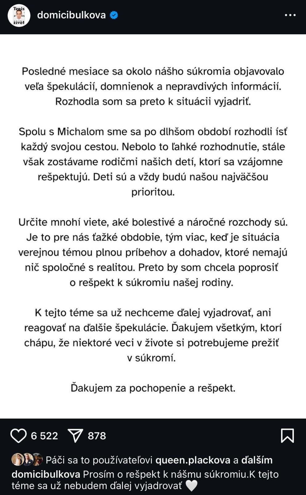 Dominika sa rozhodla dať stopku špekuláciam a otvorene prehovorila o rozvode. 