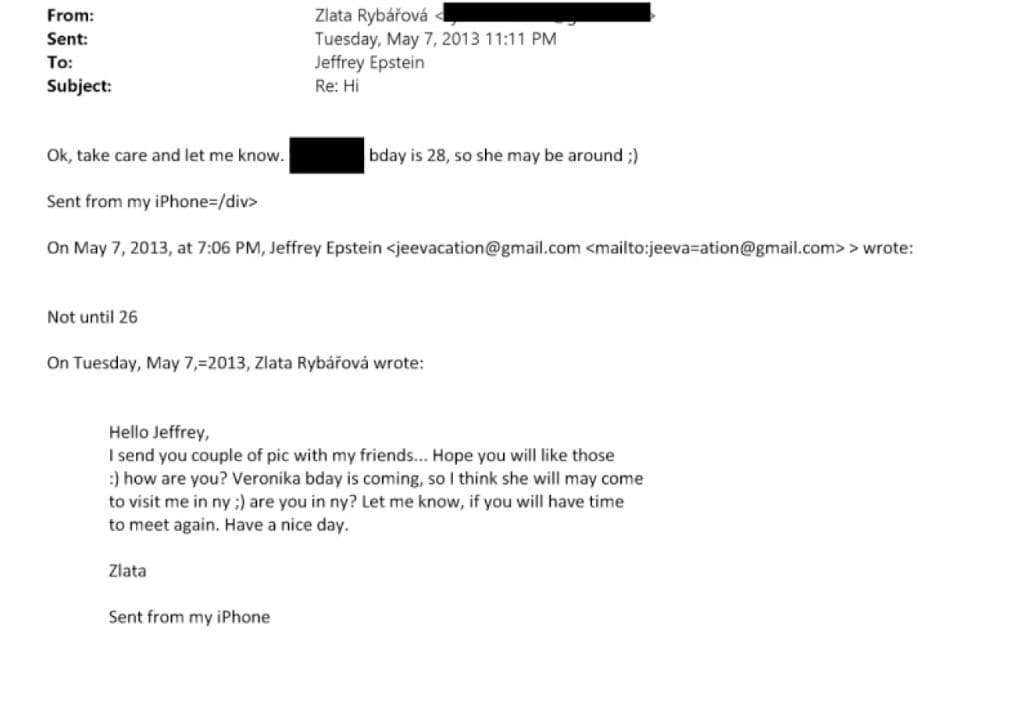 Česká pornoherečka Diana Gold (písala pod menom Zlata Rybářová) komunikuje s Jeffreym Epsteinom 