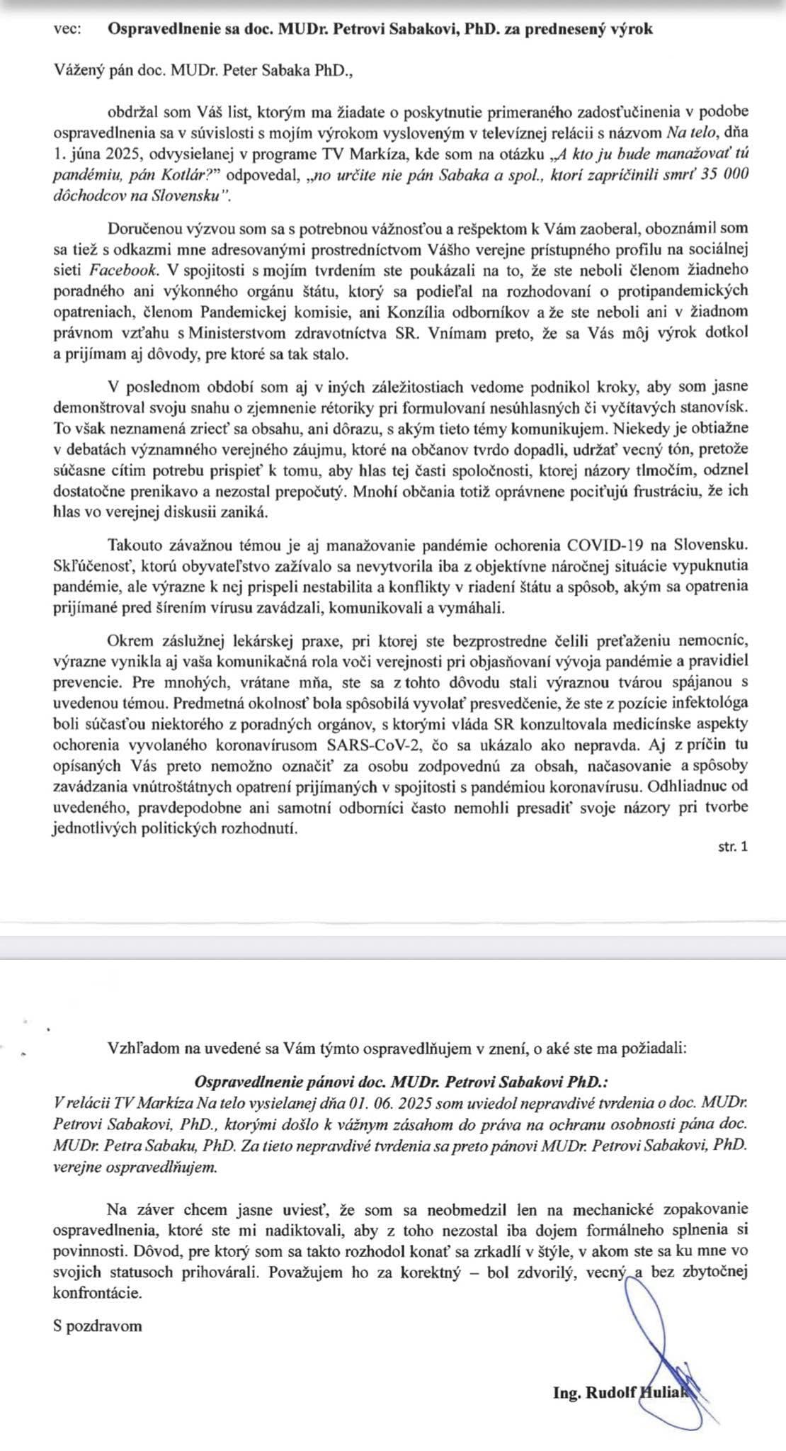 Ospravedlnenie Rudolfa Huliaka infektológovi Petrovi Sabakovi