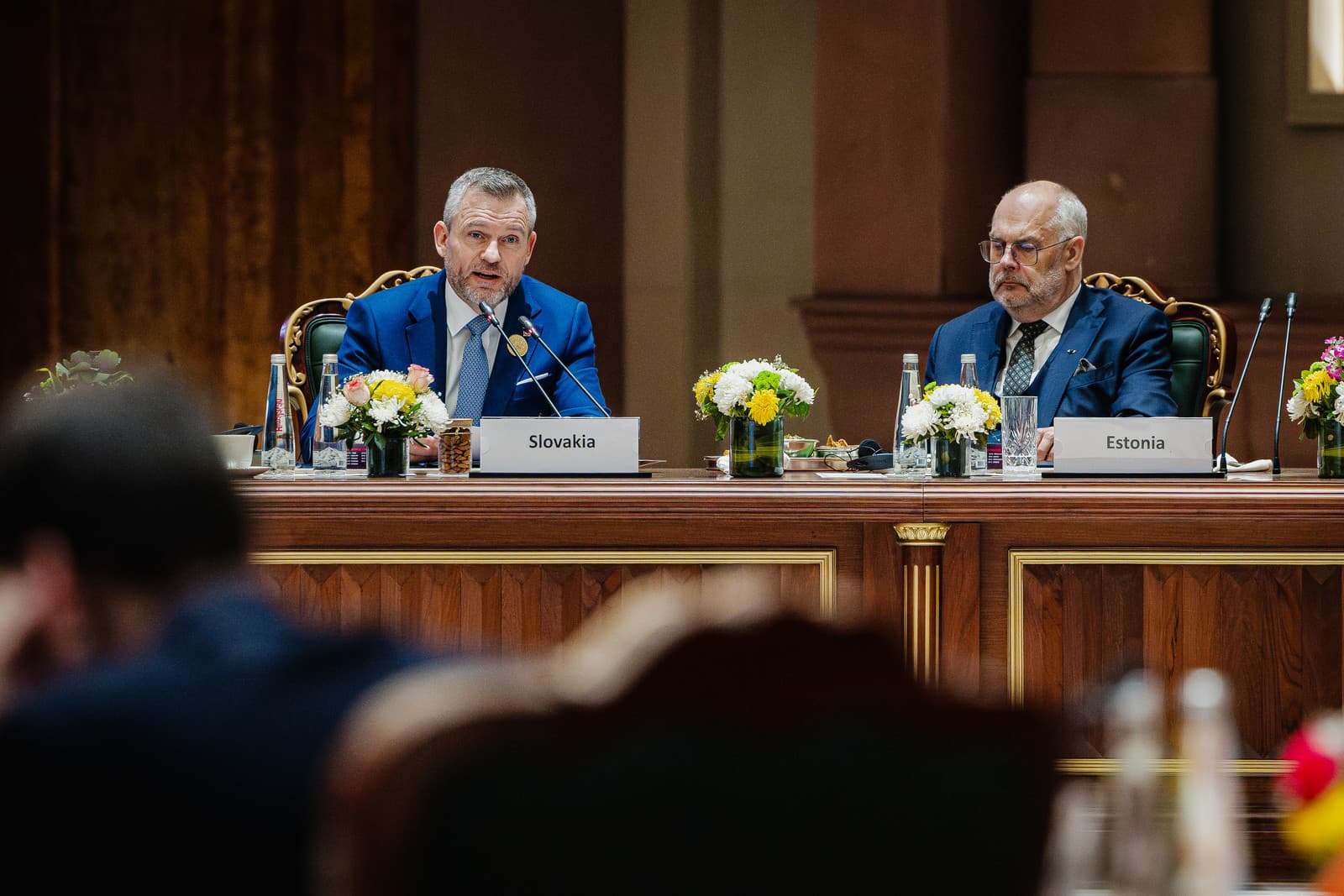 Slovenský prezident Peter Pellegrini (vľavo) vystupuje s príhovorom na plenárnom zasadnutí na samite umelej inteligencie (AI) v indickom Naí Dillí