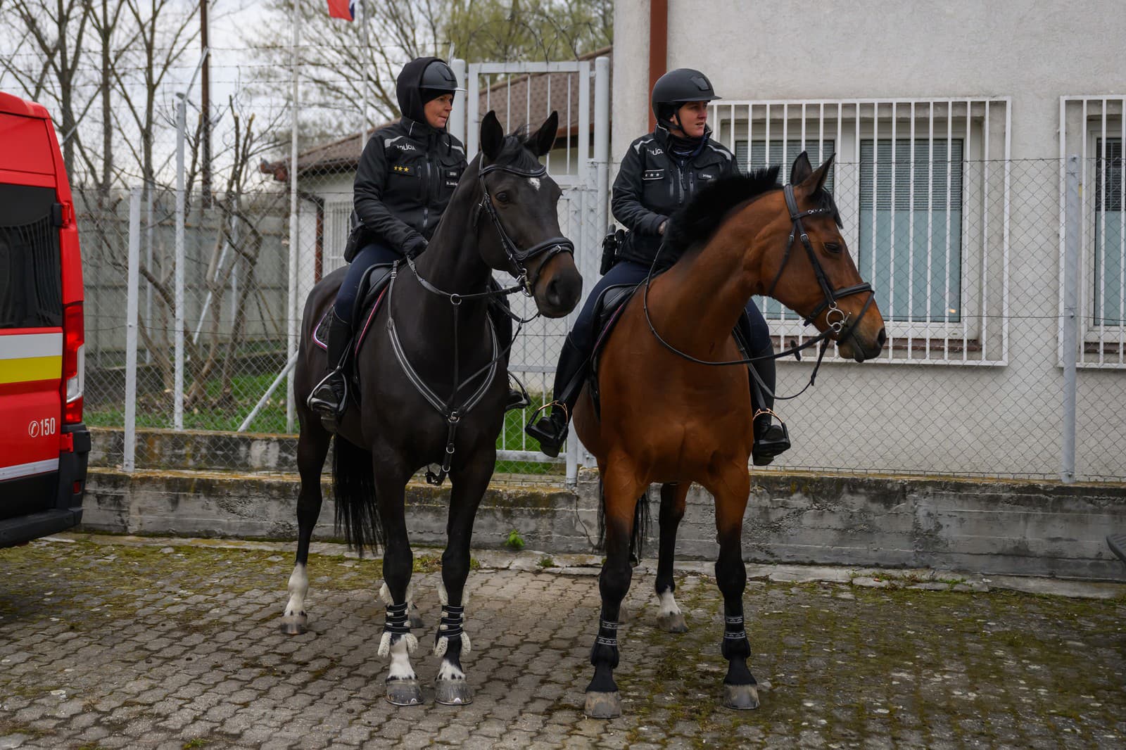 Na snímke policajtky na koňoch počas tlačovej konferencie v súvislosti s bezpečnostno-preventívnou akciou Zelená II. v obci Medveďov v okrese Dunajská Streda v pondelok 30. marca 2026.