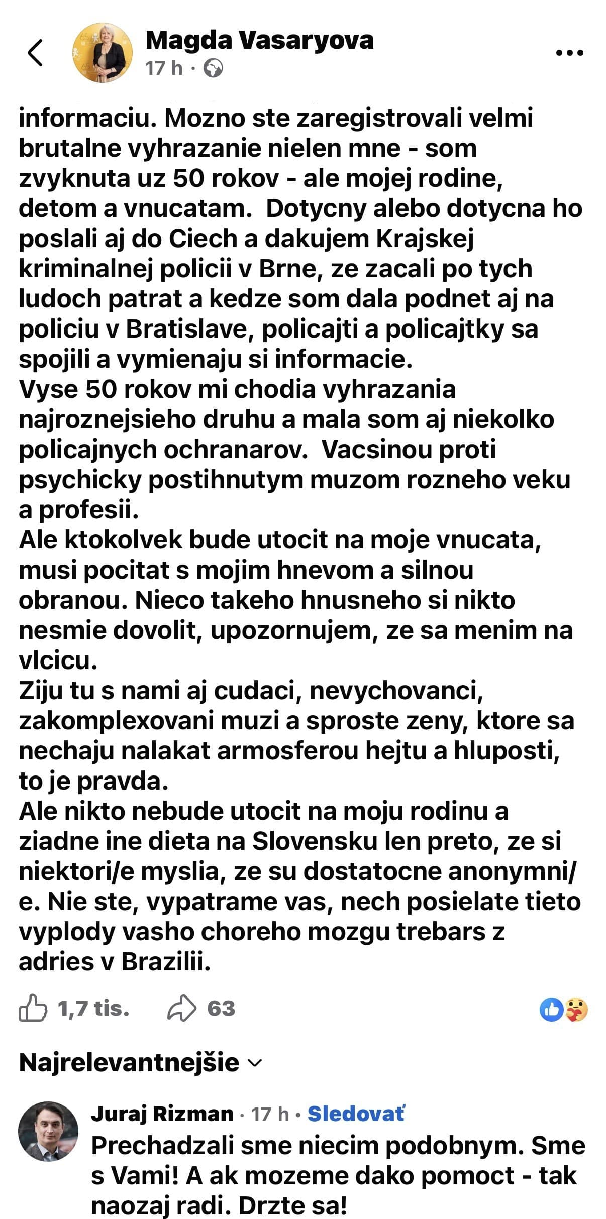 Magda Vášáryová čelí vyhrážkam