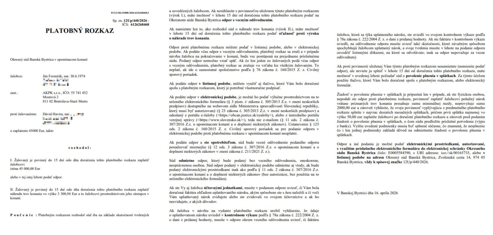 Dokument o platobnom rozkaze spomínanej pôžičky, ktorý predkladá Ferenčák verejnosti.