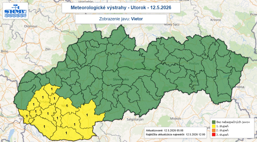 Výstrahy platia pre okresy Bratislava, Pezinok, Senec, Komárno, Levice, Nitra, Nové Zámky, Šaľa, Dunajská Streda, Galanta, Hlohovec, Piešťany a Trnava. 