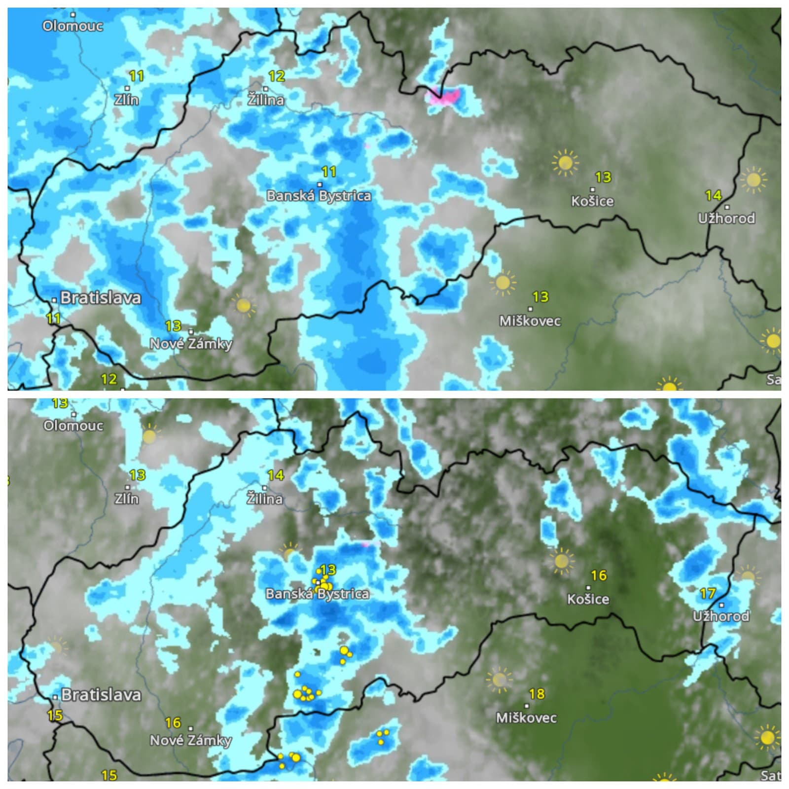 Predpokladaný vývoj v piatok o 09:00 h a o 14:00 h