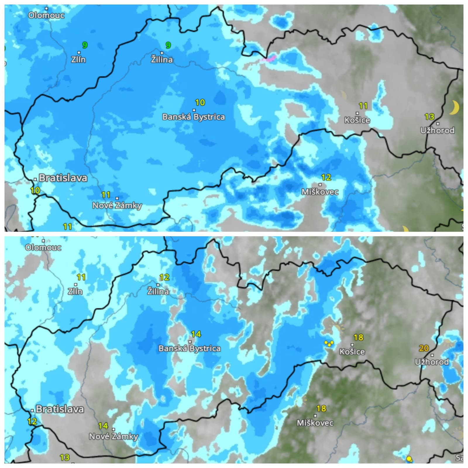 Predpokladaný vývoj zrážok v sobotu o 04:00 h a 14:00 h