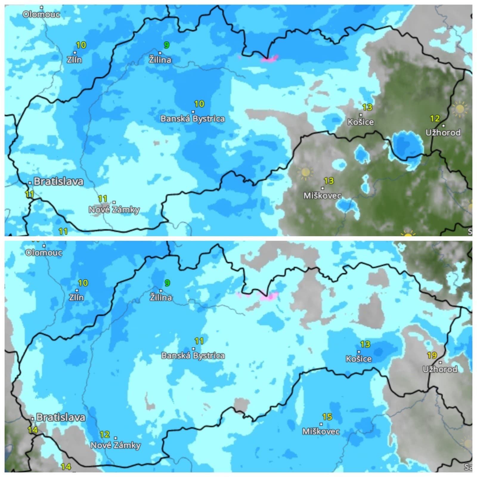 Predpokladaný vývoj zrážok v nedeľu o 05:00 h a 16:00 h