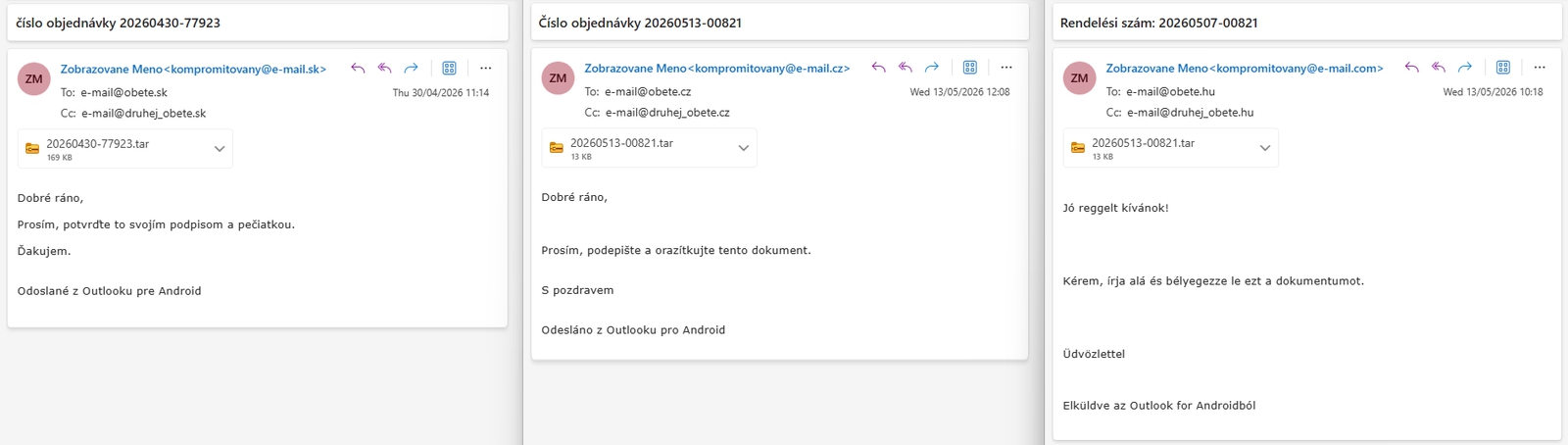 Príklady phishingových správ s redigovanými e-mailovými adresami