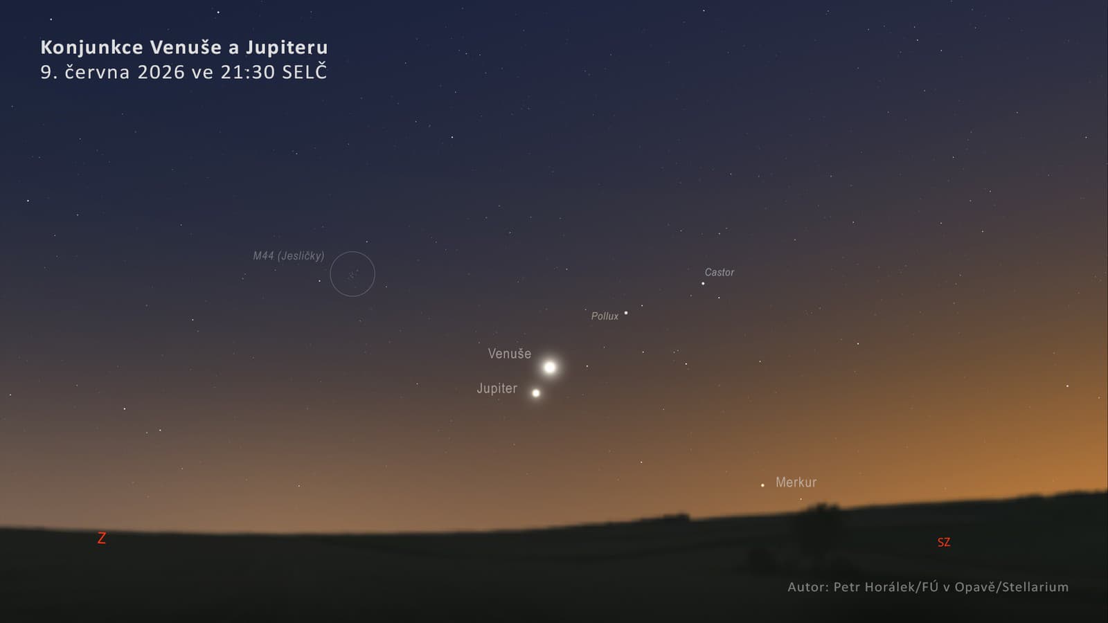 Konjunkciu Venuše a Jupitera 9. júna 2026 doplní Merkúr, Castor, Pollux a tiež hviezdokopa M44