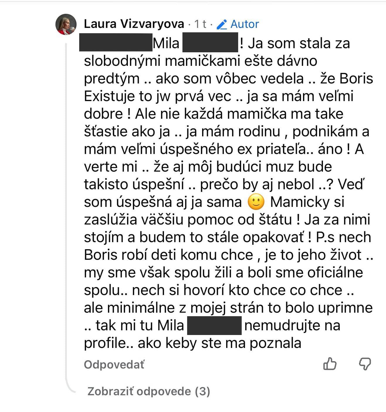 Laura Vizváryová a jej odpoveď na komentár istej čitateľky