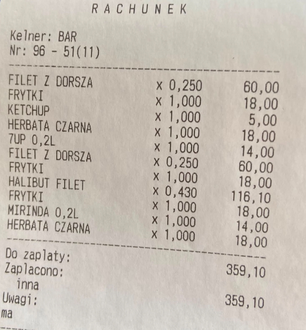 Účet za večeru v Krynici Morskej na pobreží Baltského mora 