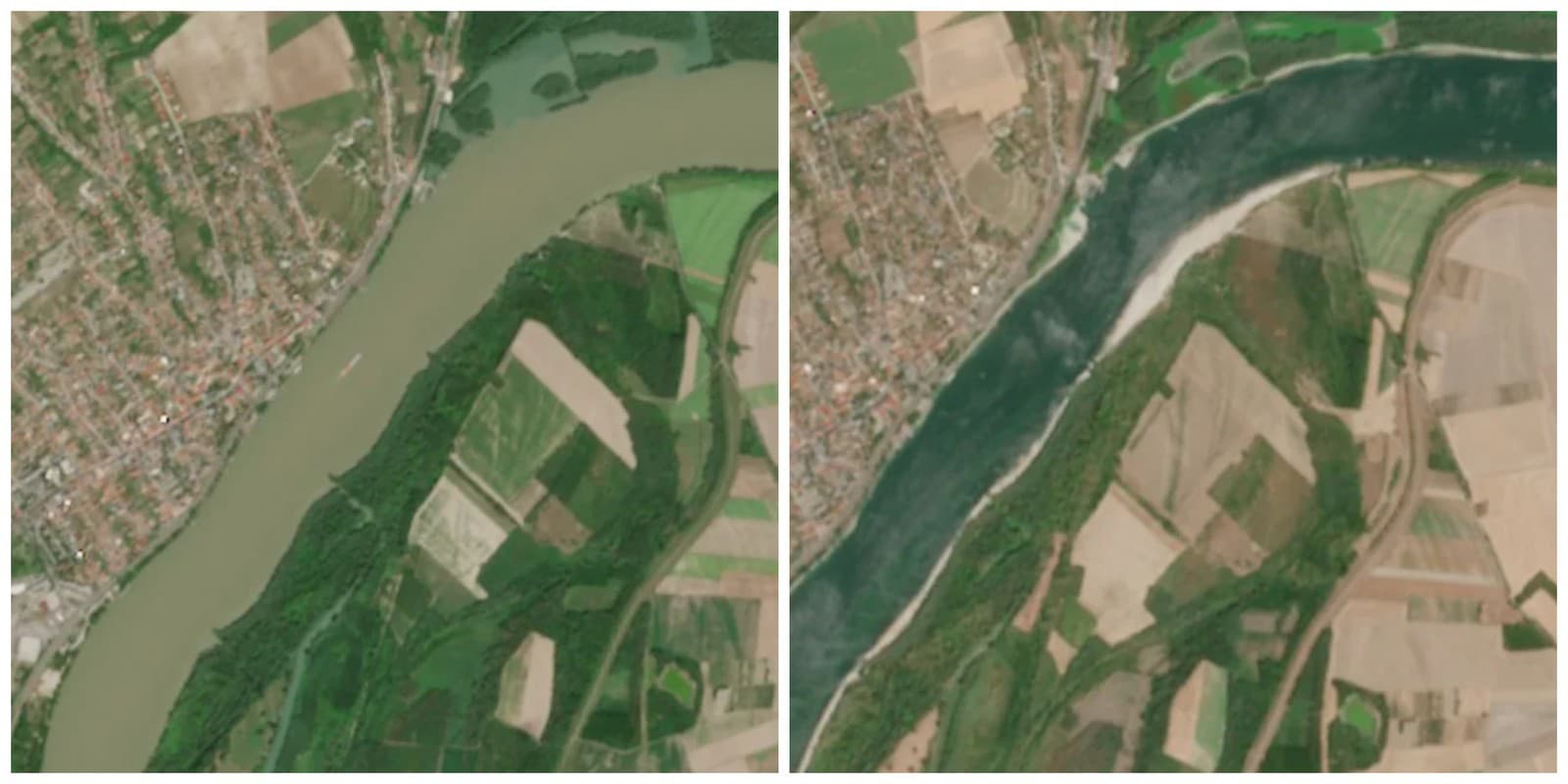 Porovnanie záberov na rieku Dunaj v maďarskom Pakse, august 2023 (vľavo) a august 2026.