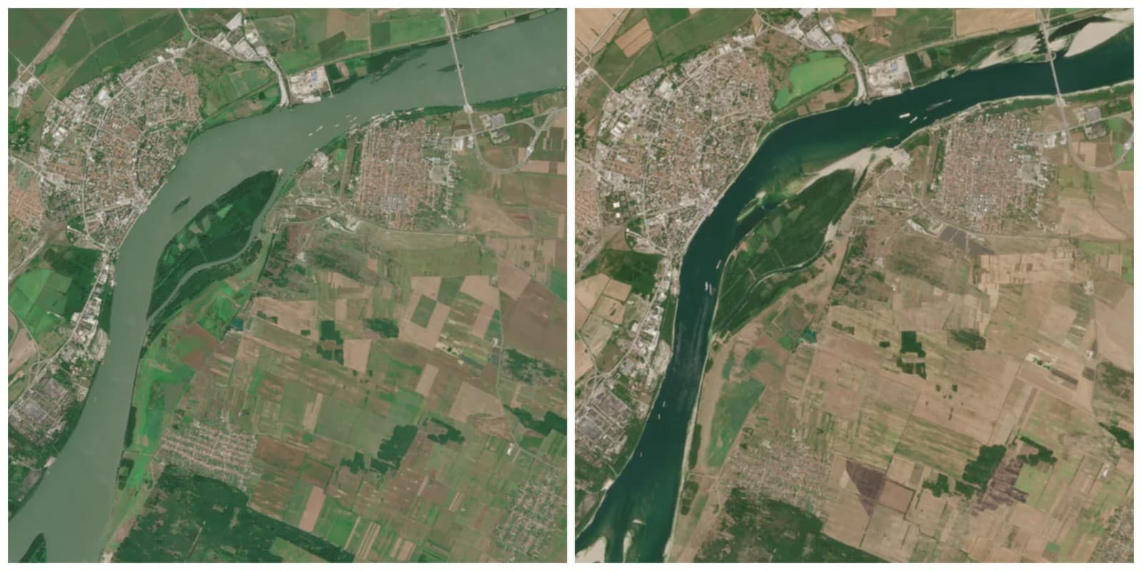 Porovnanie záberov na rieku Dunaj pri bulharskom Vidine, august 2023 (vľavo) a august 2026.