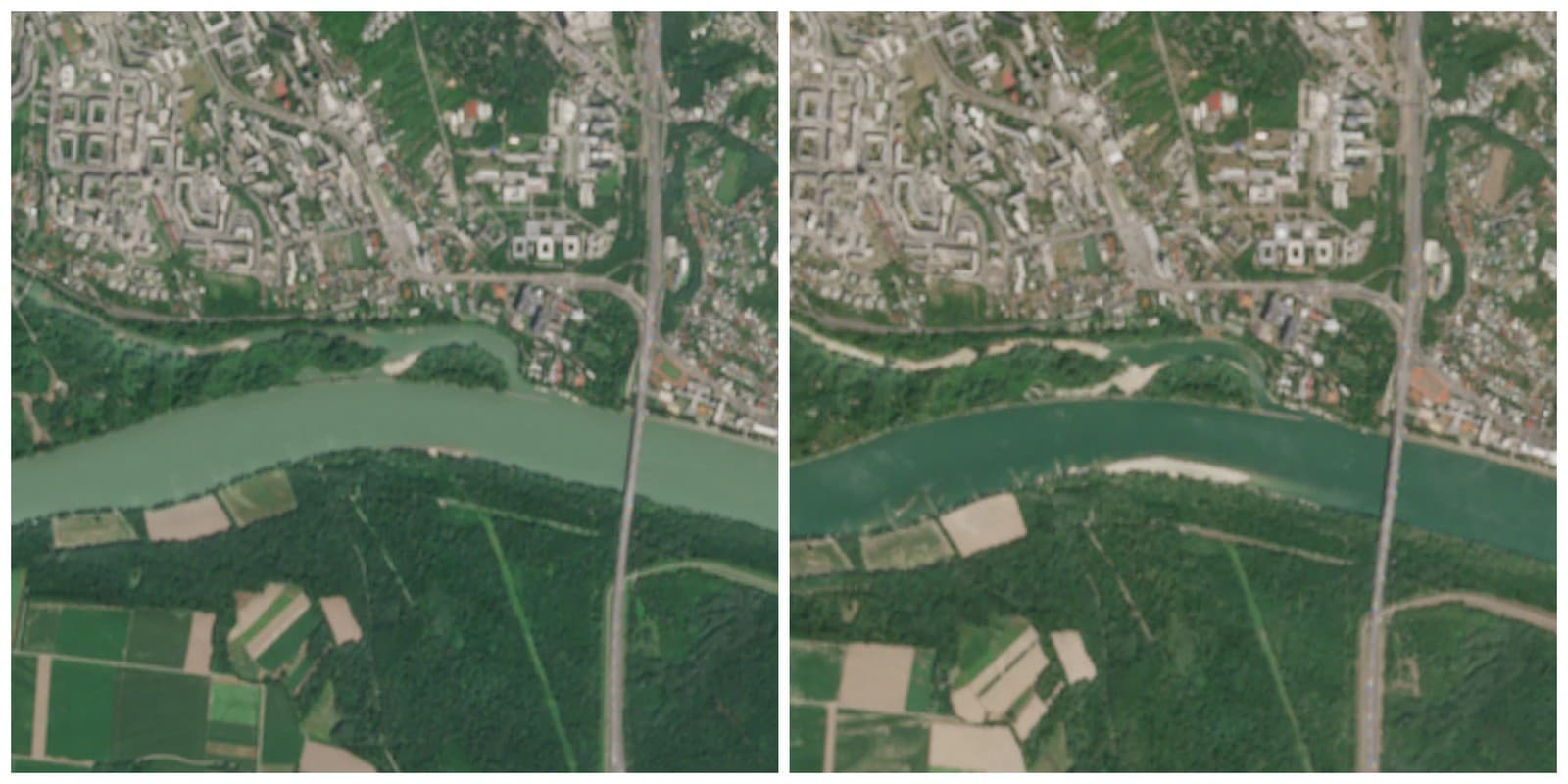 Situácia na Karloveskom ramene Dunaja v Bratislave, august 2025 (vľavo) a august 2026.