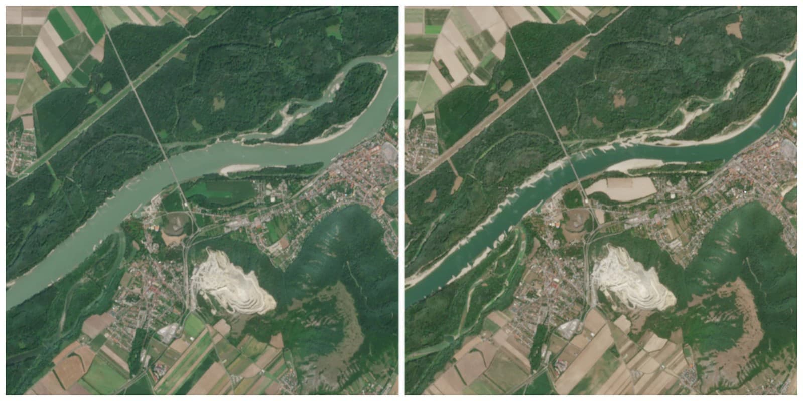 Porovnanie záberov na rieku Dunaj v Hainburgu v Rakúsku, august 2023 (vľavo) a august 2026.
