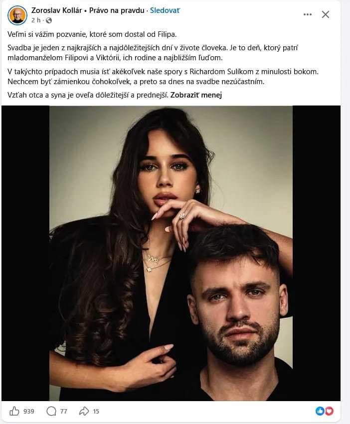 Podnikateľ Zoroslav Kollár odmietol pozvanie na svadbu Filipa Sulíka.