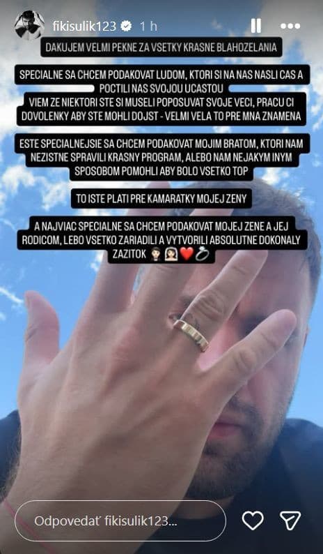 Fiki Sulík sa týmito slovami poďakoval za blahoželania a účasť na svadbe