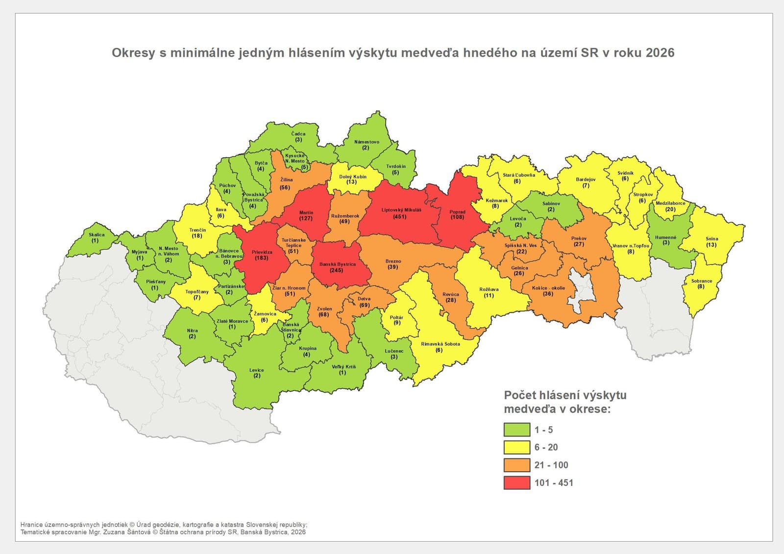 Mapa Hlásenia výskytu medveďa hnedého k 27. augustu 2026
