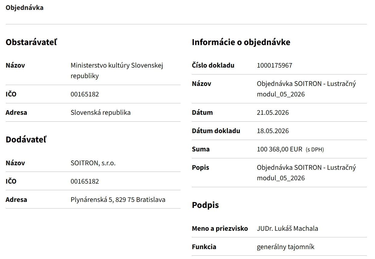 Objednávka č. 1000175967 zverejnená na stránke ministerstva kultúry. 