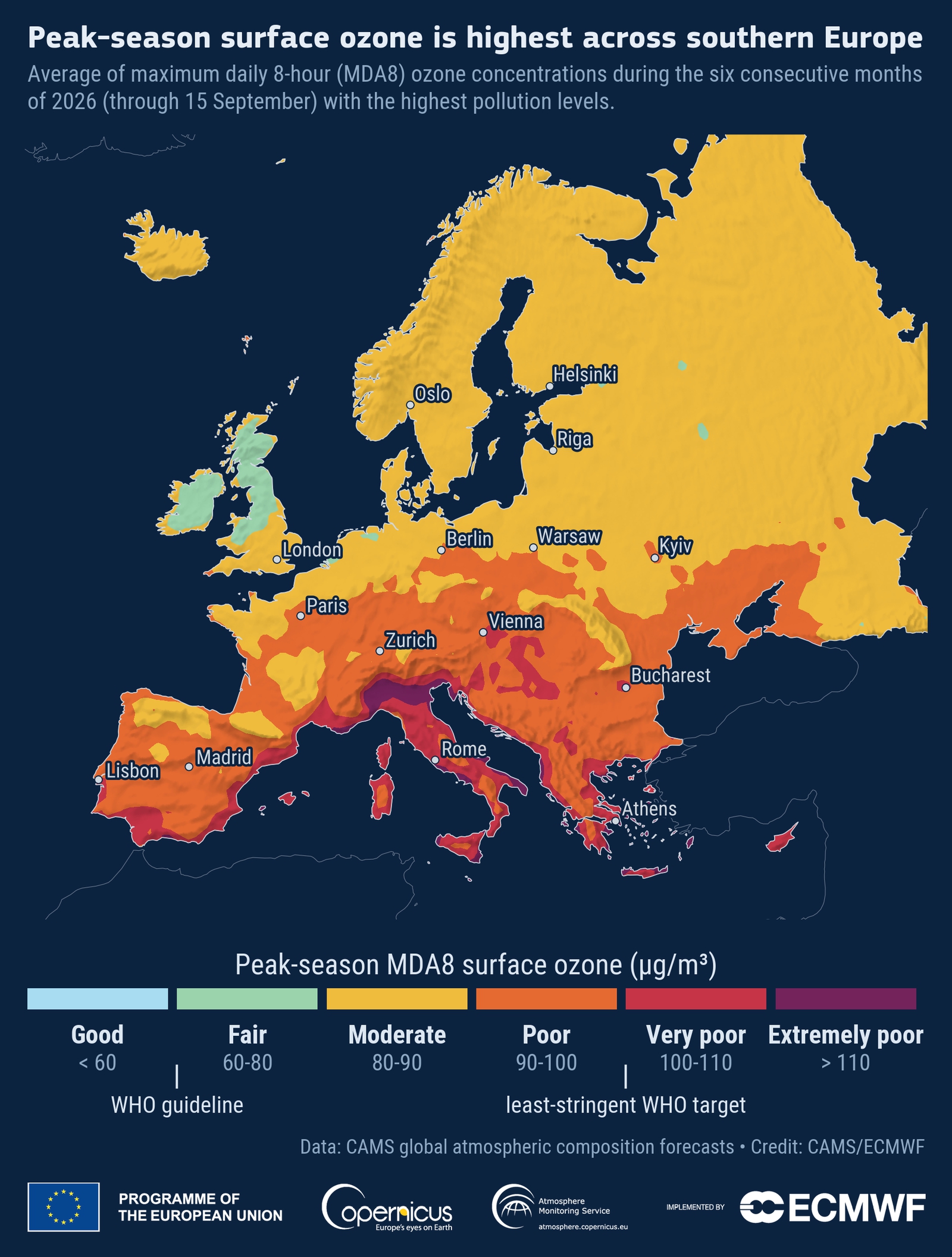 Najvyššia hladina povrchového ozónu v sezóne vrcholu je v južnej Európe