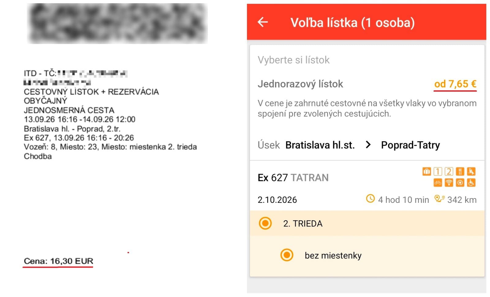 (poznámka, cena vľavo je o euro vyššia v dôsledku zakúpenej miestenky, pozn. red.)