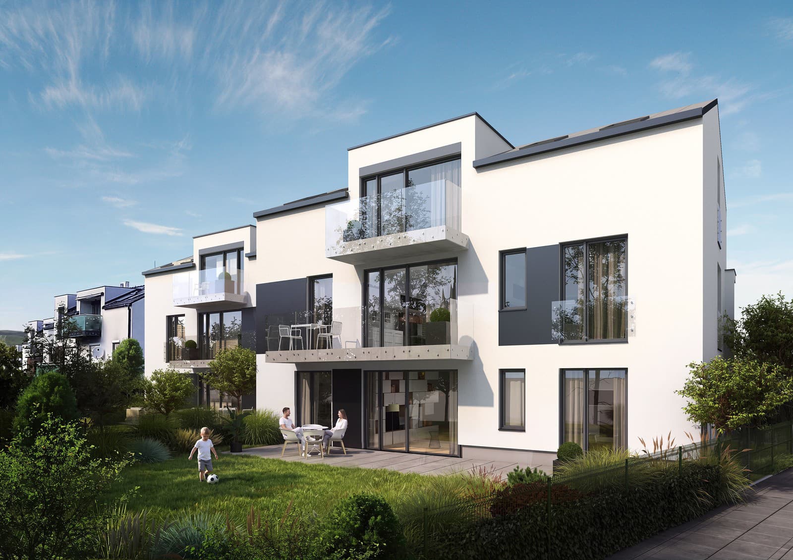 Nové Šuty II – architektonické riešenie dvojdomu so súkromnými záhradami a balkónmi – vizualizácia.