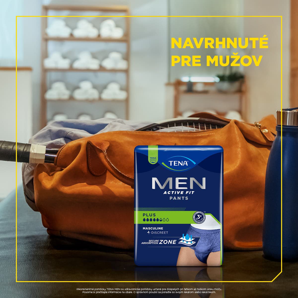 TENA Men Pants sú špeciálne navrhnuté pre mužov s diskrétnou ochranou pri úniku moču. / Diskrétna ochrana proti úniku moču navrhnutá špeciálne pre mužov.