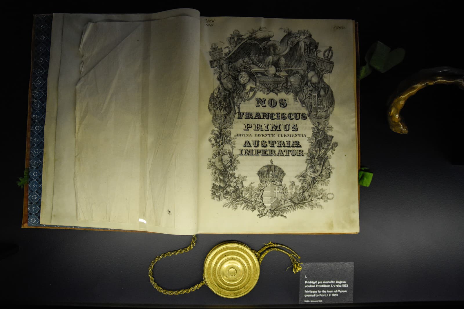 Na snímke Privilégia pre mestečko Myjava udelené Františkom I. v roku 1833 v Myjave 28. mája 2019.