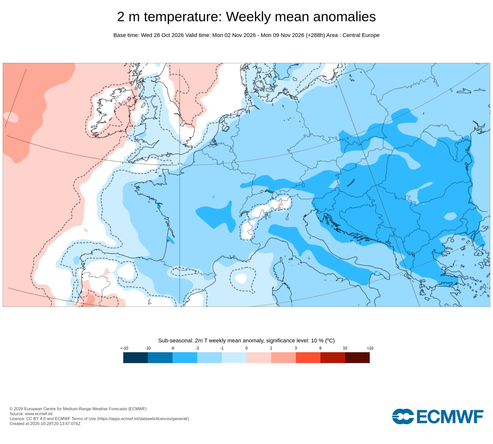 Predpokladaná teplotná odchýlka v Európe na týždeň od 2. do 9. novembra. Slovensko sa nachádza v pásme podpriemerných teplôt.