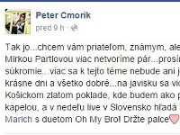 Peter Cmorik potvrdil rozchod na Facebooku. 