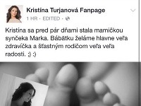 Radostná správa sa objavila na fanúšikovskej stránke Kristíny Turjanovej. 