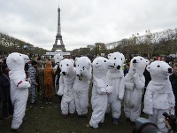 Demonštranti pri Eiffelovej veži počas konferencie OSN o zmene klímy v Paríži.