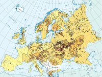 Mapa nerovnomernosti rozmiestnenia rádioaktívneho depozitu v Európe, reprezentovaného 137 céziom. Jasnožltá farba vyznačuje plochy, kde bola aktivita 137 cézia nižšia ako2 kBq/m2, svetlá okrová vyznačuje územia s plošnou aktivitou cesia 2–10 kBq/m2, sýta okrová 10–40 kBq/m2, tehlová svetlá 40–185 kBq/m2, tehlovo-červená 185 –1482 kBq/m2. Biele miesta na mape znamenajú, že miestne štátne úrady nedodali potrebné údaje. Foto: Atlas of Cesium deposition on Europe after Chernobyl accident