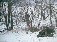 V scéne, kde Vincek (Vladimír Menšík) prerezáva strom, pri vzdialenom zábere stojí na rebríku a píli konár pod sebou. Pri detailnom pohľade však odlamuje vetvu nad sebou. 