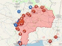 Pohľad na východnú Ukrajinu (červená - proruské jednotky, modrá - ukrajinské jednotky)