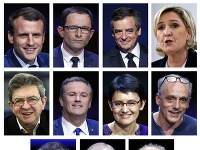 (Zhora zľava) Emmanuel Macron, Benoit Hamon, Francois Fillon, Marine le Pen; (V strede zľava) Jean-Luc Melelchon, Nicolas Dupont-Aignan, Nathalie Arthaud, Philippe Poutou; (Dole zľava) Jean Lassalle, Jacques Cheminade a Francois Asselineau