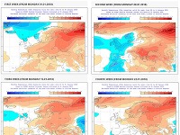 Predpokladané teplotné odchýlky od normálu v januári 2018 v jednotlivých týždňoch mesiaca podľa modelu Európskeho centra pre strednodobé predpovede počasia.