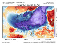 Predpokladané rozloženie tlakových útvarov a odchýlky teploty vzduchu od dlhodobého priemeru dňa 27. februára.