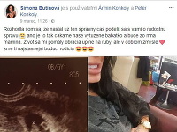 Simona Butinová sa radostnou novinou pochválila na Facebooku.