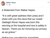 Walker Hayes o tragédii informoval na sociálnej sieti Facebook.