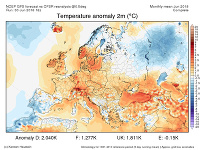 Odchýlka priemernej teploty júna od dlhodobého priemeru 1981-2010 v Európe.