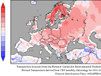 Na mapke sú zachytené predpokladané teplotné odchýlky od dlhodobého priemeru do 22. februára.