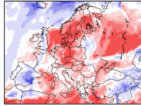 Snímka zachytáva predpokladané zrážky v Európe od 16. do 24. apríla v percentách normálu, červená farba znamená podnormálne úhrny zrážok.