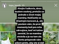 Tomáš Stríž príspevok o otrave svojej maminy zdieľal na Instagrame. 