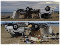 Ničivá búrka v Grécku prevrátila auto s českými manželmi. Ničivá búrka v Grécku prevrátila auto s českými manželmi.