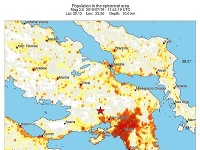 Mapa, ktorá zobrazuje všeobecný dosah zemetrasenia v regióne