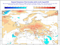 Predpokladané teplotné odchýlky v auguste v Európe. 