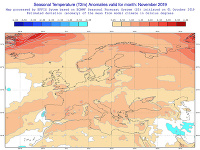 Predpokladané teplotné odchýlky od dlhodobého priemeru v novembri 2019 (obr. 1).