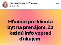 Zuzana Hajdu zháňala na facebookovej stránke mesta Pezinok byt na prenájom pre klienta. 