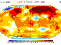 Obr. 2 Odchýlky od priemernej teploty v januári 2020 na Zemi podľa NASA.